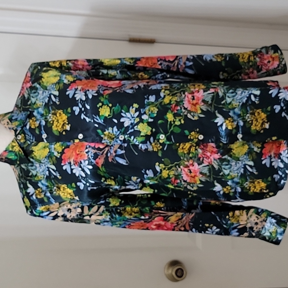Zara Black Floral Button-Up Blouse with Pink Yellow Blue Flowers